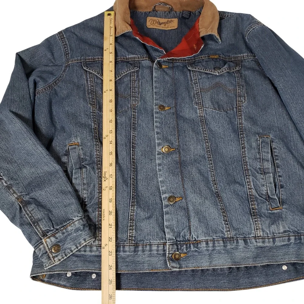 Wrangler Authentic Western Jacket Blue Denim Flannel Lined Corduroy Collar L